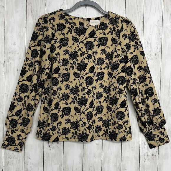 Melloday Brown Black Floral Long Sleeve Zipper Back Blouse Small - Picture 1 of 8